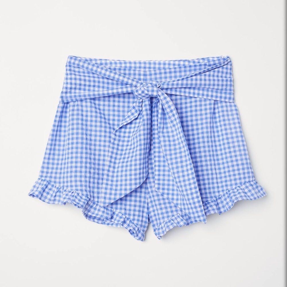 H&M Blue Gingham Women's High Waist Ribbon Ruffle Shorts sz 4